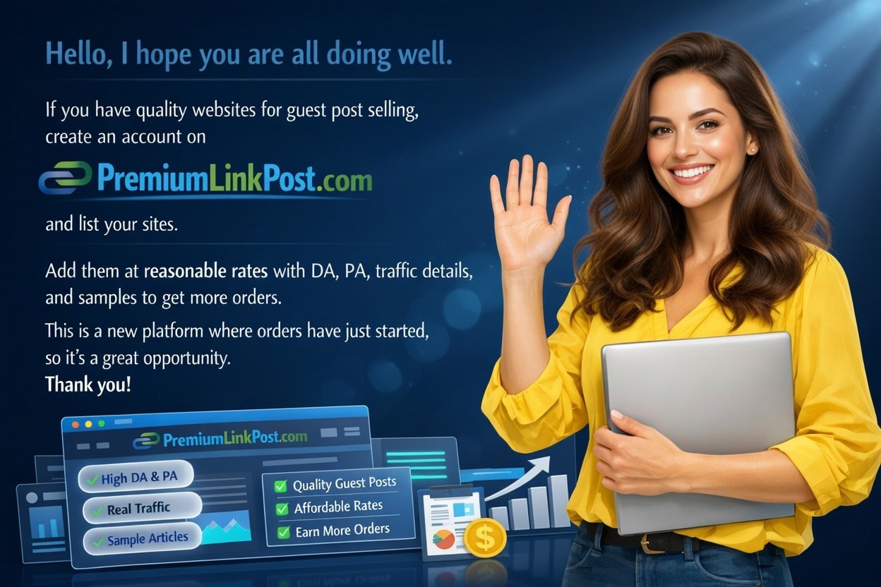 group mai shere krdo apne yah satuts laga low:    “Hello  I hope you’re all doing well. If you have high-quality websites for guest post selling, you can create an account on premiumlinkpost.com and list your sites. Add your websites at reasonable rates with proper DA, PA, traffic details, and samples to attract more orders. This is a new platform, and orders have just started coming in, so it’s a great opportunity. Thank you!” https://premiumlinkpost.com/publisher/login