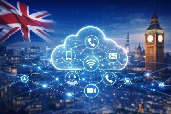 Cloud communication concept with glowing cloud icon, connected VoIP symbols and London skyline representing UK telecom network solutions.